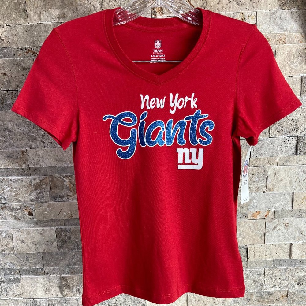 NFL TEAM APPAREL, RED, NEW YORK GIANTS T-SHIRT, GIRLS, SIZE LARGE, GLITTER LTTRS